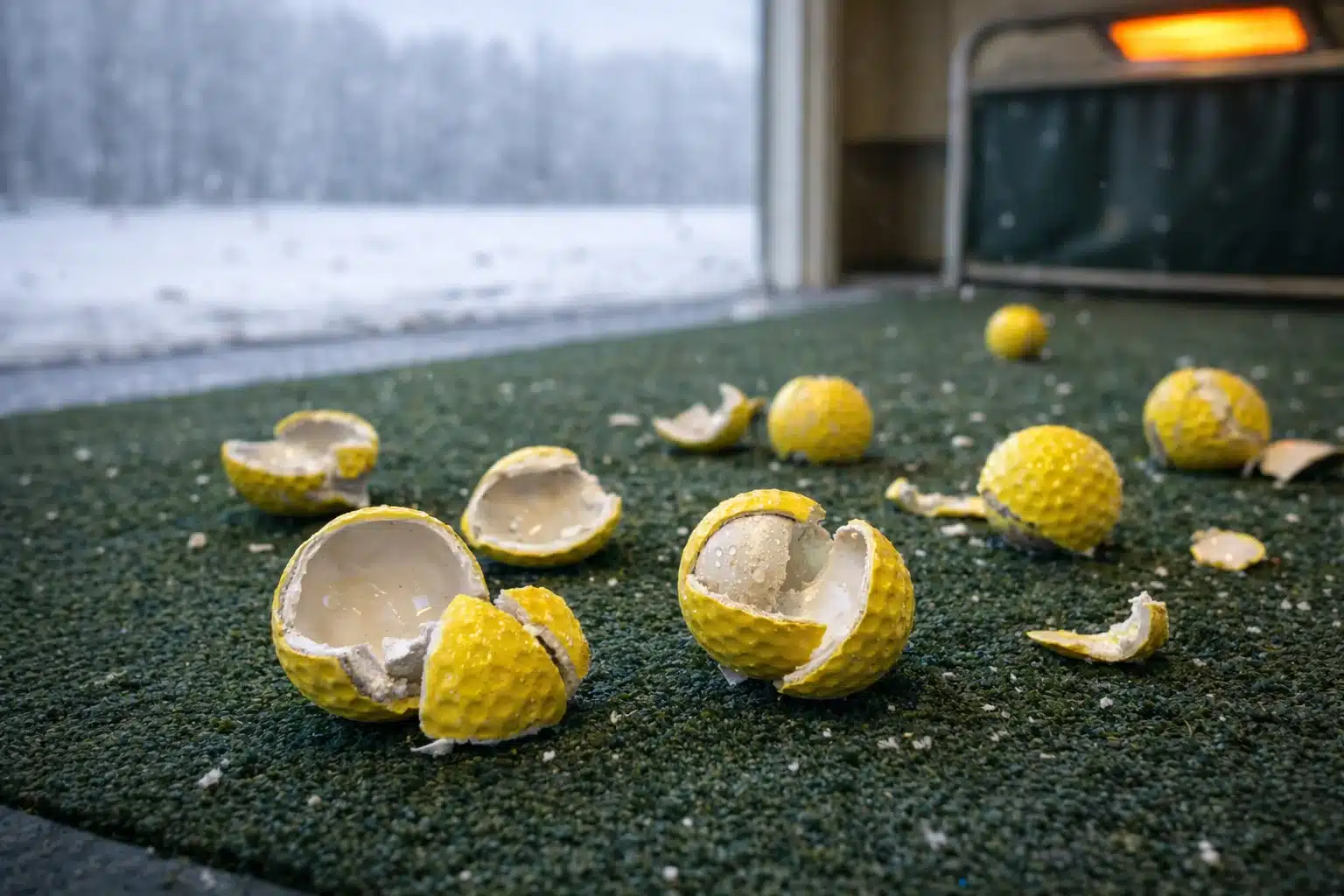 range balls quality control cracked range golf balls on winter turf during quality control for golf training
