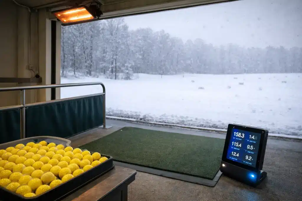 yellow range golf balls at winter driving bay for golf training and wholesale supply