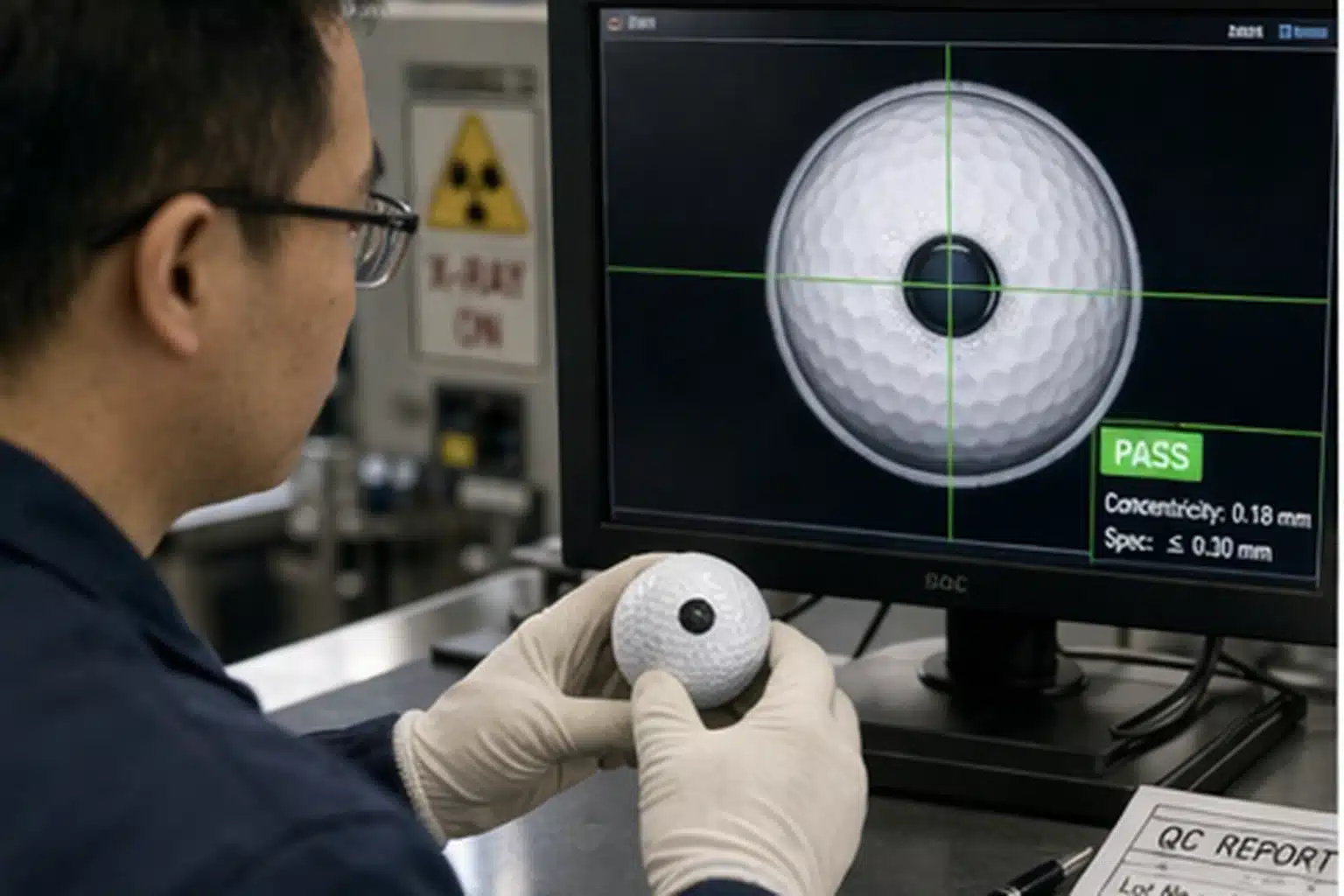 golf ball quality control golf ball concentricity inspection on QC monitor for factory quality control