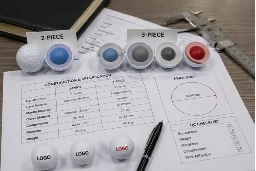 golf ball cutaway comparison with 2-piece and 3-piece specs for custom OEM selection
