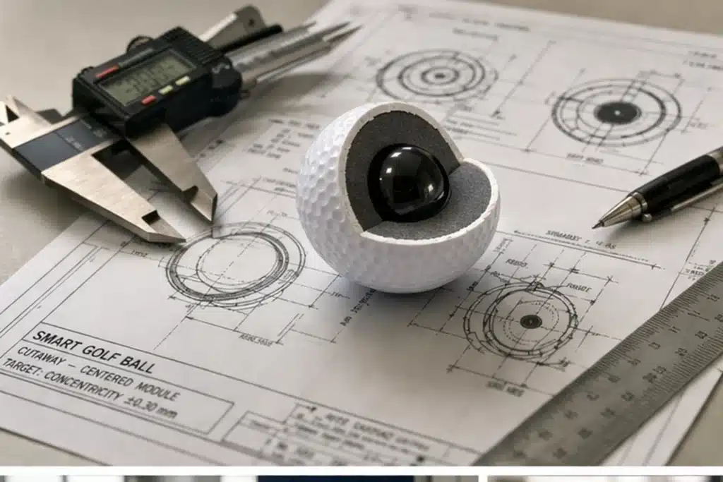 cutaway golf ball on blueprint showing OEM custom manufacturer design