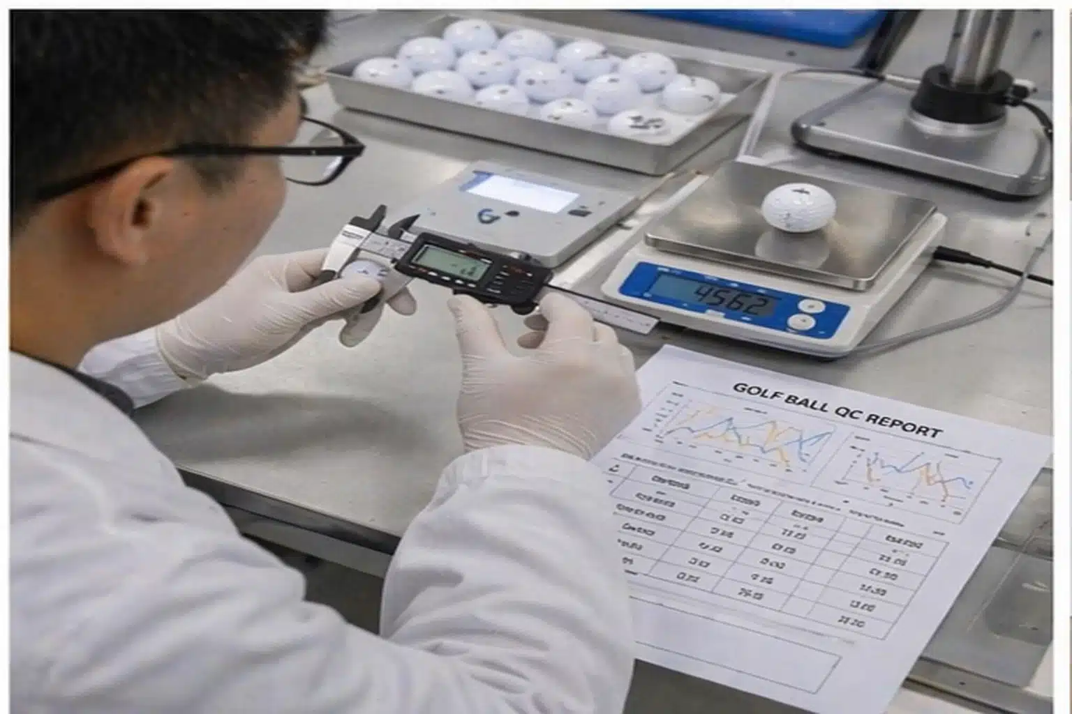 golf ball OEM QC golf ball QC inspection with caliper and scale for OEM quality control