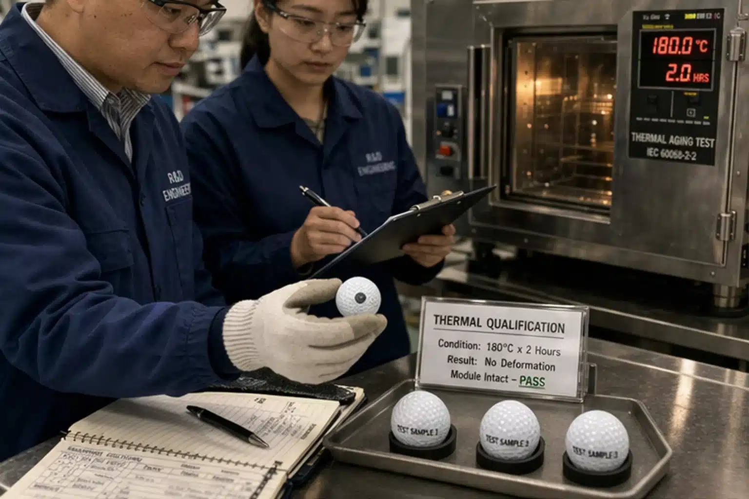 golf ball quality control golf balls in thermal test chamber with engineers for factory quality control