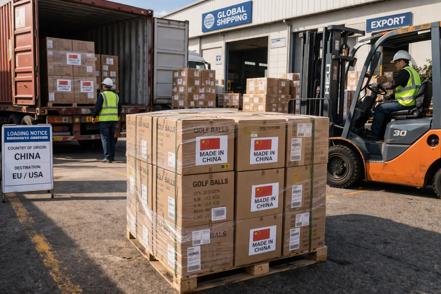 golf balls export shipment golf ball export cartons loaded into container with forklift for made in China wholesale