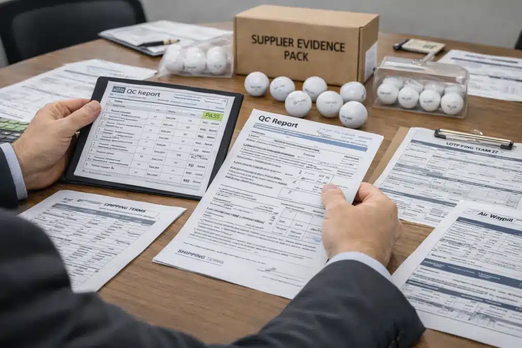 golf balls with quality control reports and export documents in supplier evidence pack