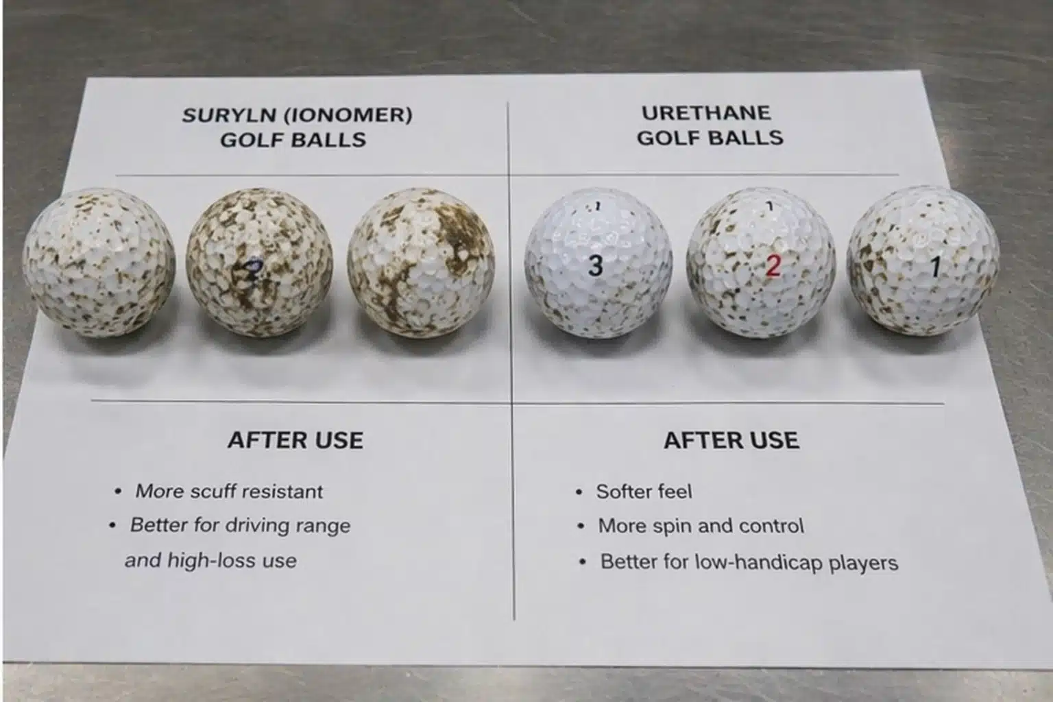 OEM golf ball comparison Surlyn and urethane golf balls after-use comparison for custom OEM selection