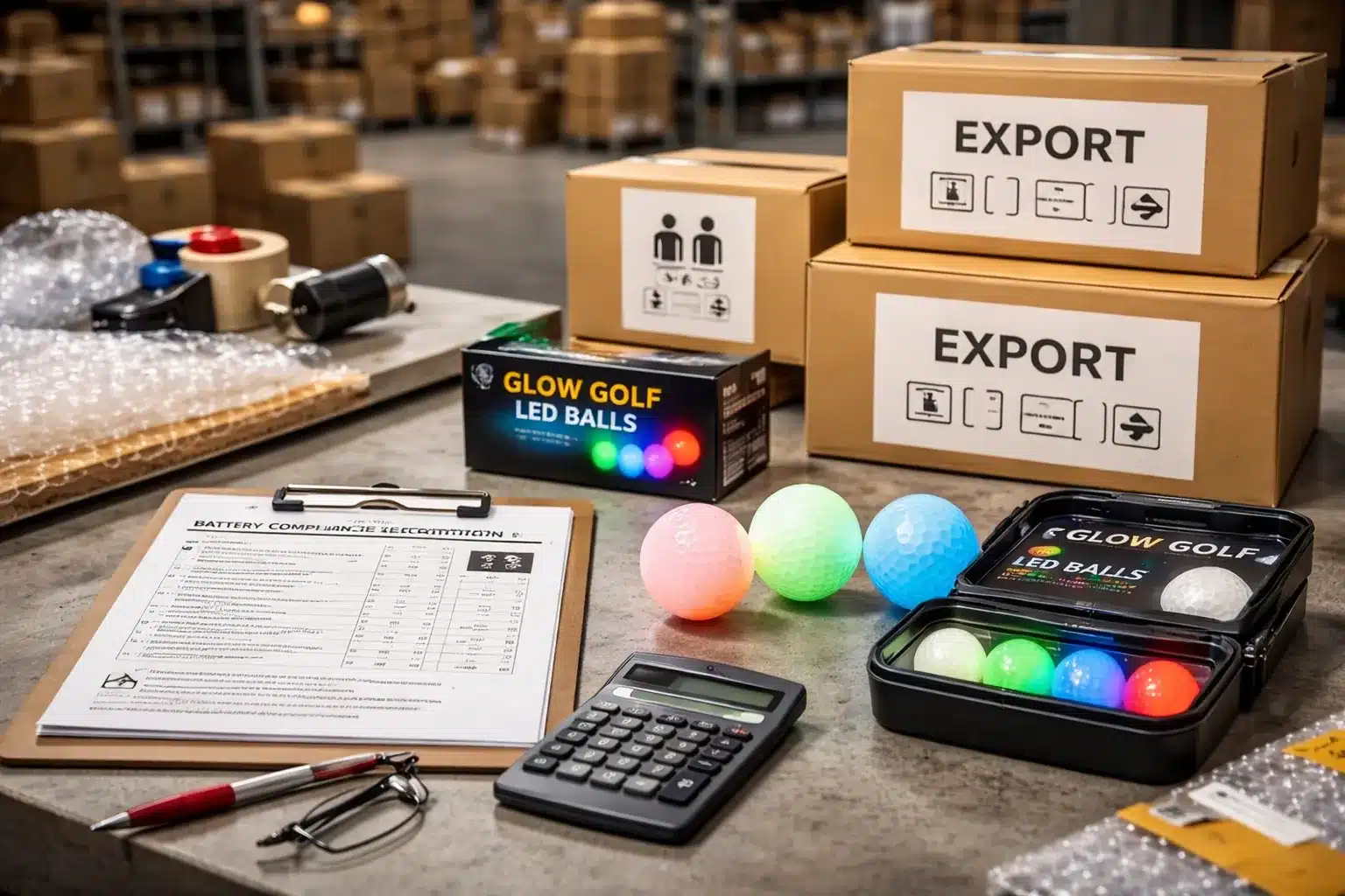 LED golf balls export LED golf balls with export cartons and compliance documents for golf packaging wholesale