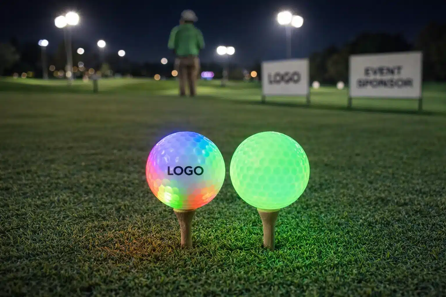 branded LED golf balls branded LED golf balls on tees at night event for corporate gifts
