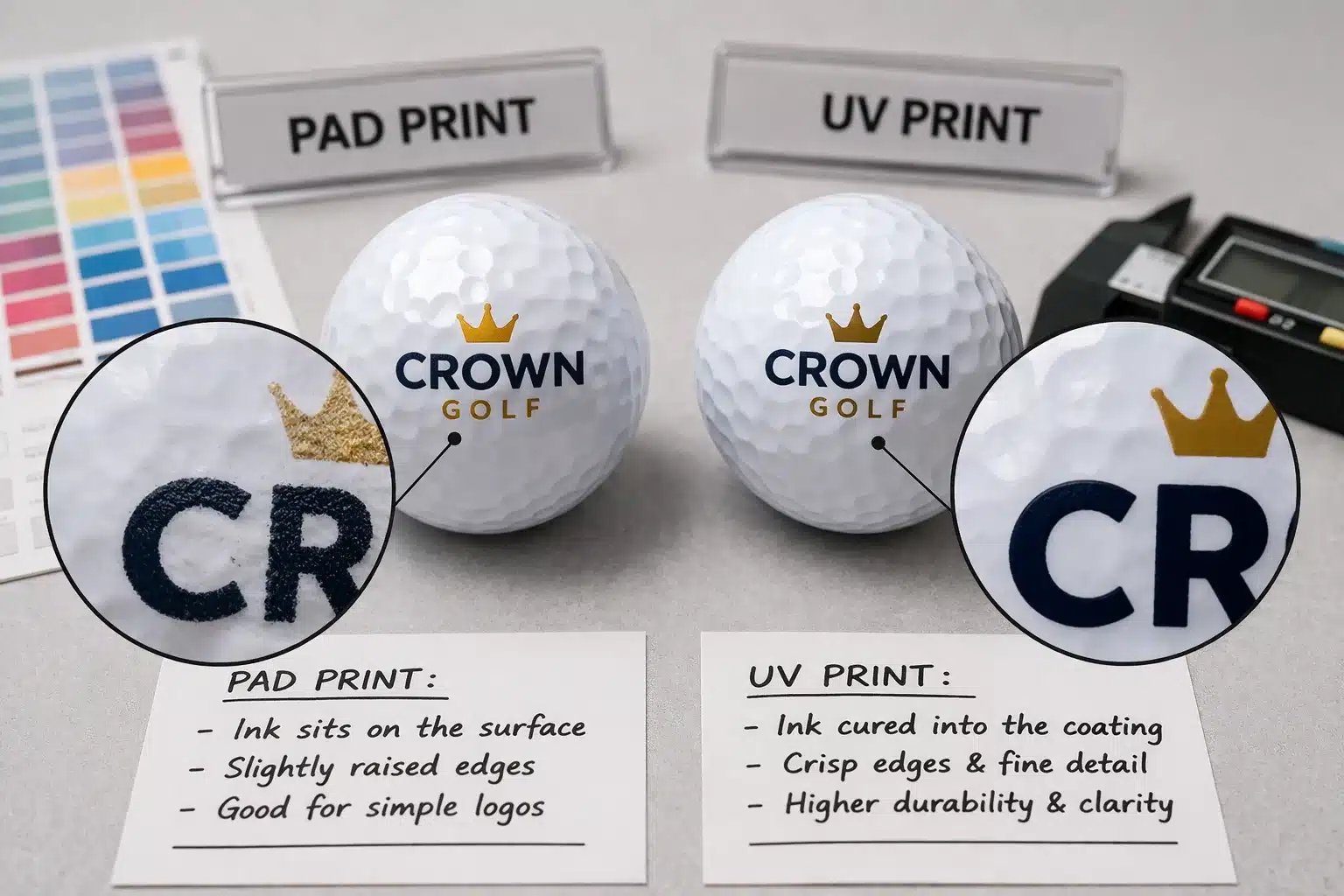 custom printed golf balls printed golf balls comparing pad and UV print for custom OEM orders