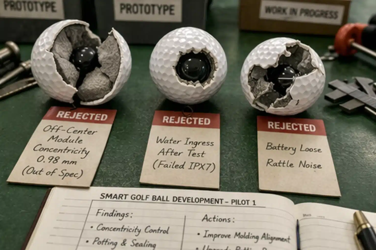 golf ball prototype QC rejected smart golf ball prototypes on test bench for factory quality control