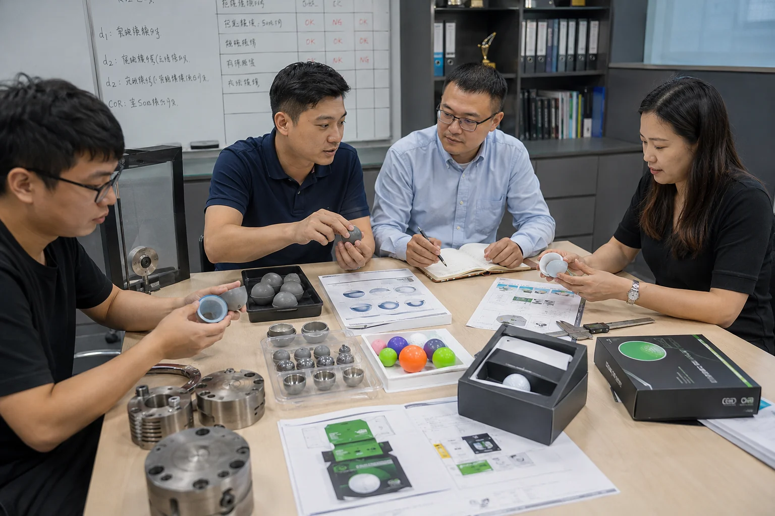 Custom OEM Golf Balls custom OEM golf balls discussed in factory meeting with packaging samples