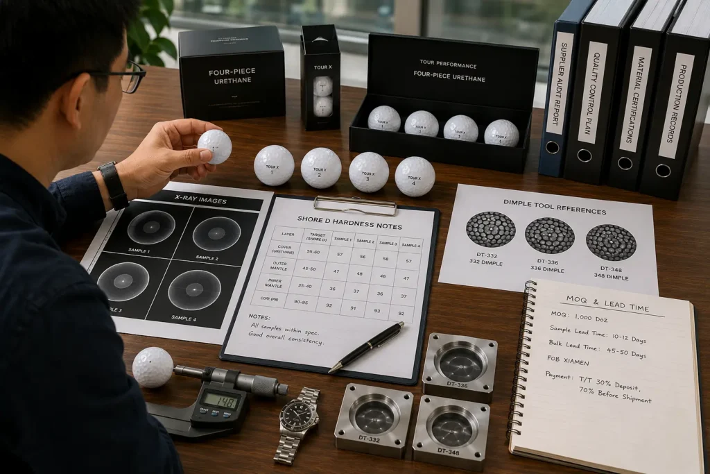 OEM four-piece golf balls supplier audit with quality control samples