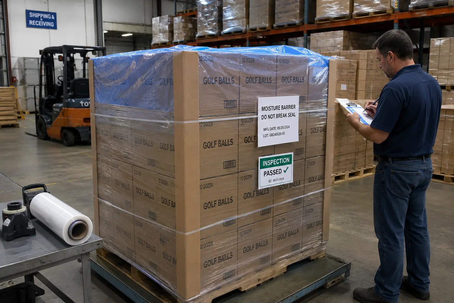 Golf Ball Export Inspection golf ball cartons on warehouse pallet for export quality control inspection