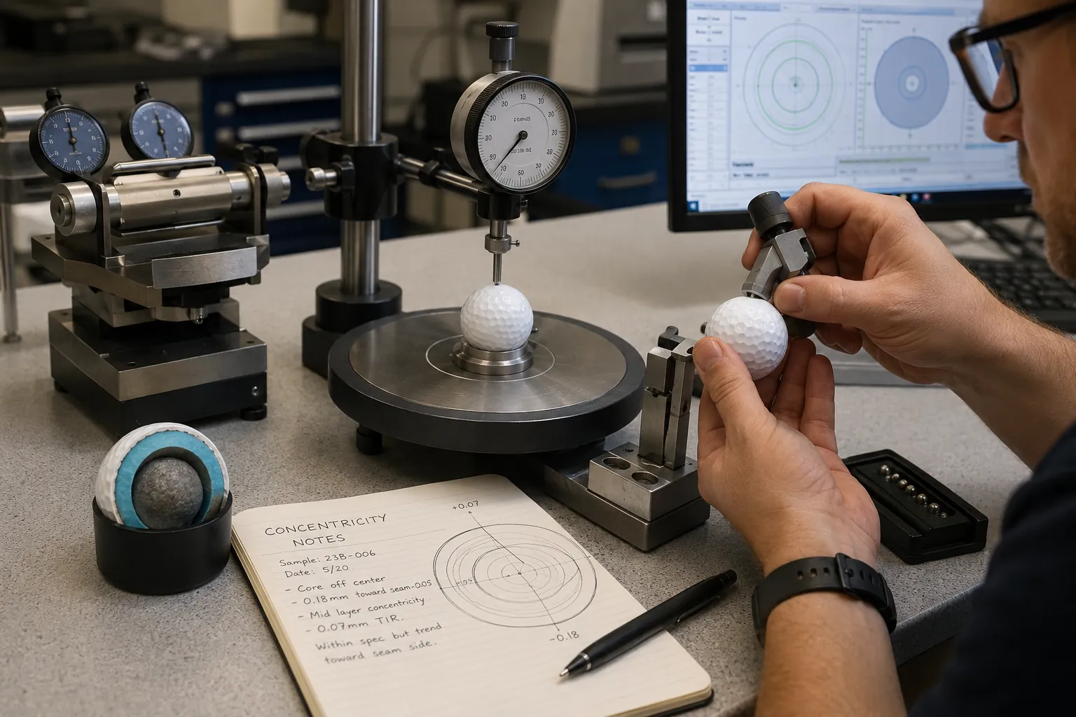 OEM Golf Ball Testing OEM golf ball concentricity testing in factory quality control lab