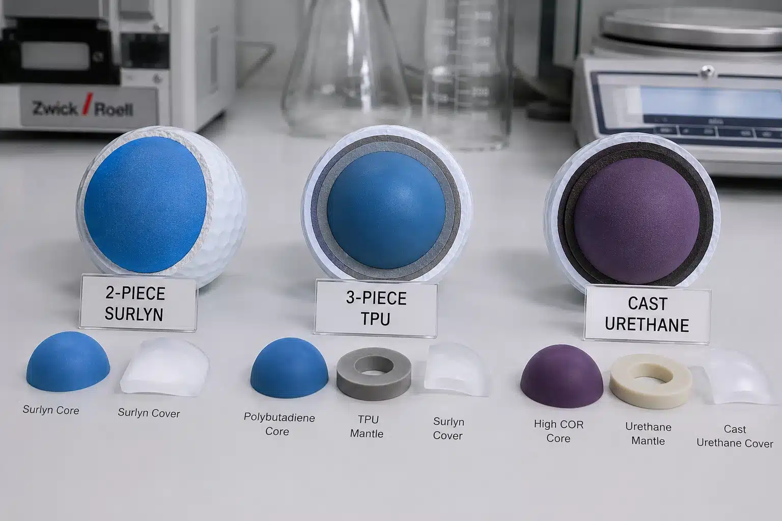 OEM golf ball cores OEM golf ball cross sections in lab for manufacturer quality control