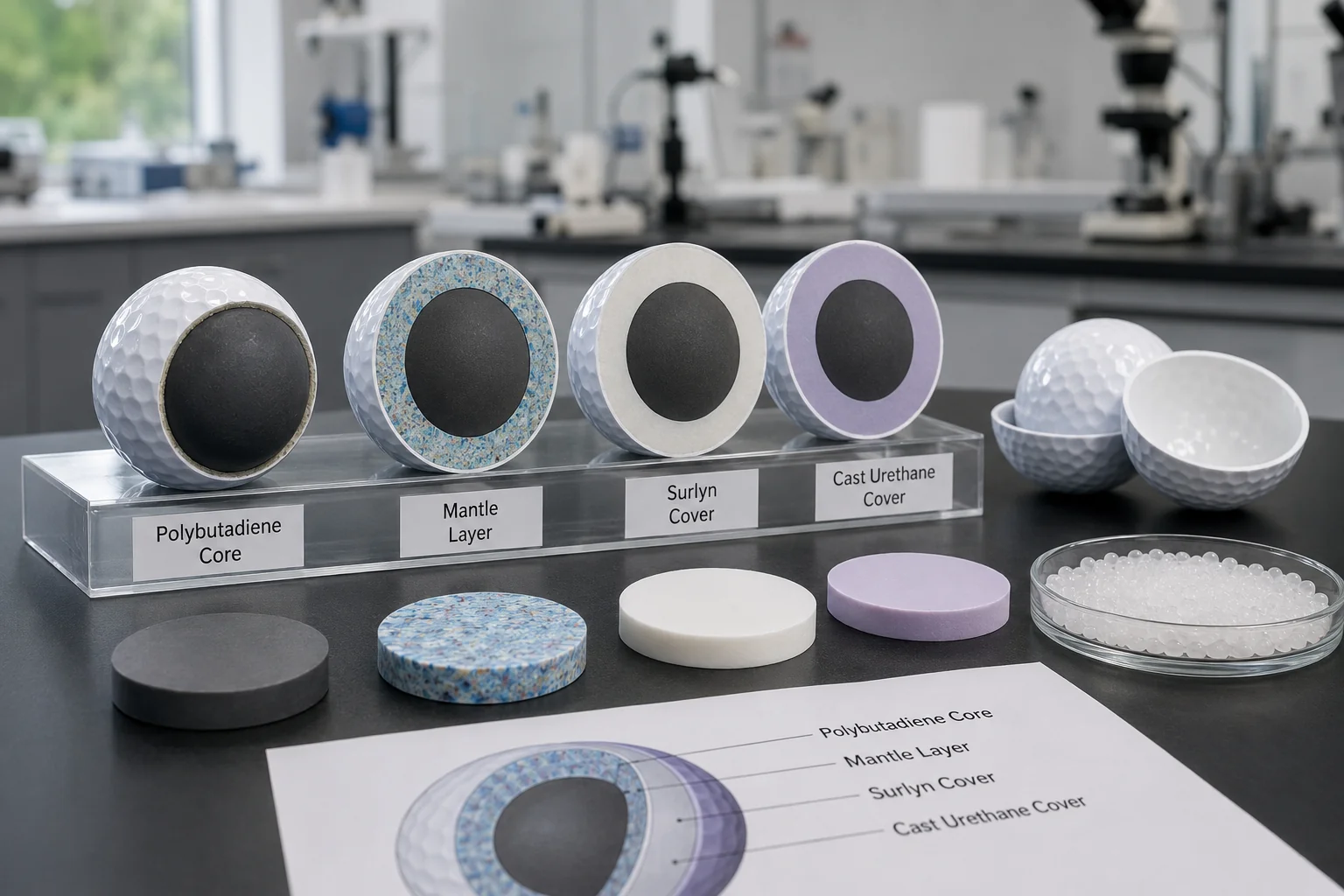 OEM Golf Ball Materials OEM golf ball material layers displayed in lab for quality control