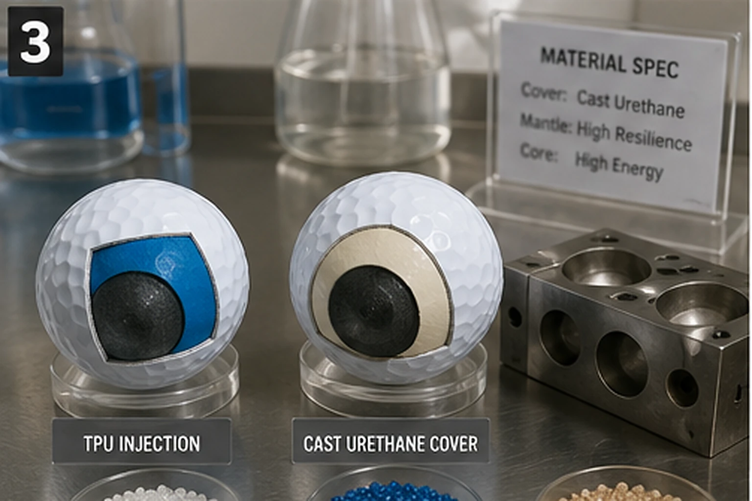 OEM Golf Ball Materials OEM golf ball material samples in factory quality control lab