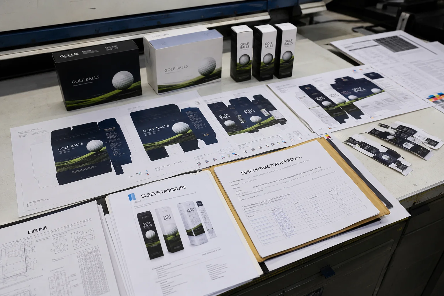 Branded Golf Ball Packaging branded golf ball packaging samples on factory approval table for OEM production