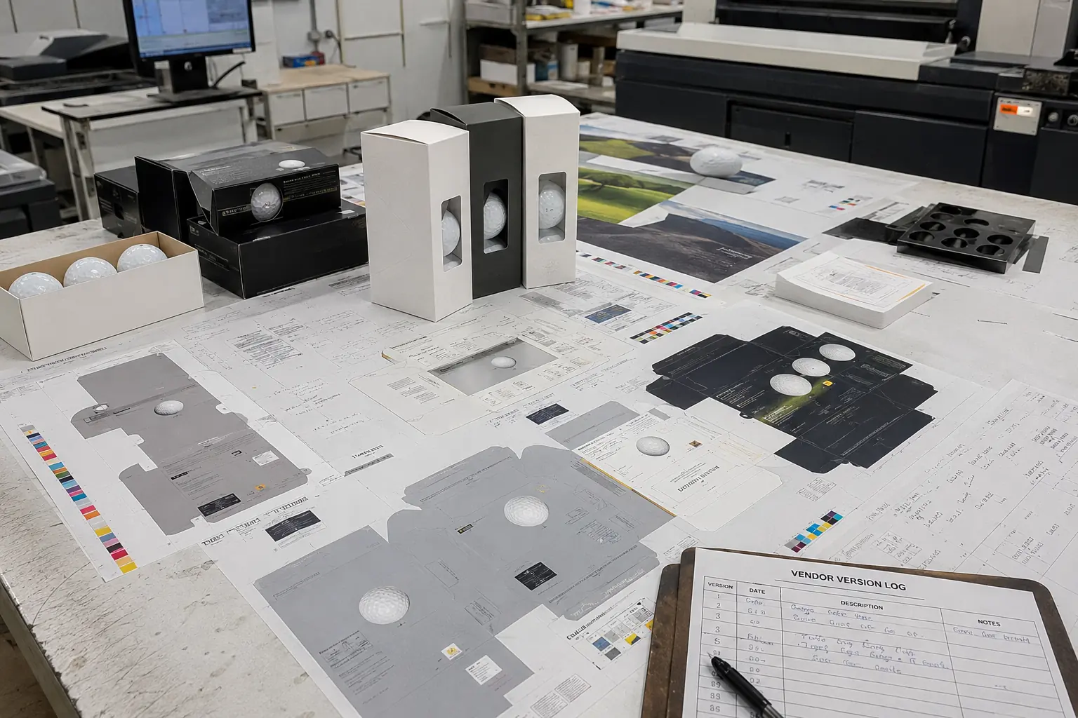 Branded Golf Ball Packaging branded golf ball packaging samples on factory print table for OEM approval