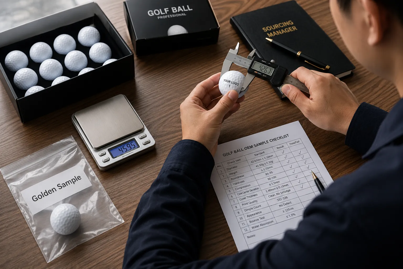 Custom Golf Ball QC custom golf ball sample measured by caliper for OEM quality control