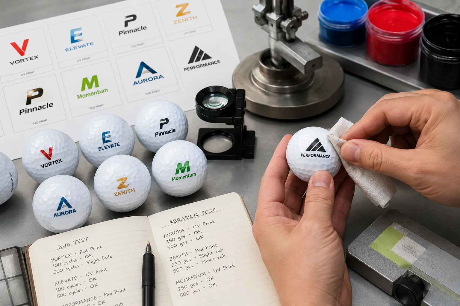 Custom Printed Golf Balls custom printed golf balls undergoing abrasion test for OEM quality control