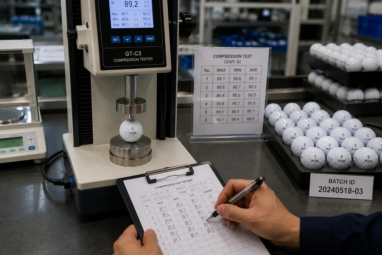 OEM Golf Ball Testing OEM golf balls in compression tester with batch records for quality control