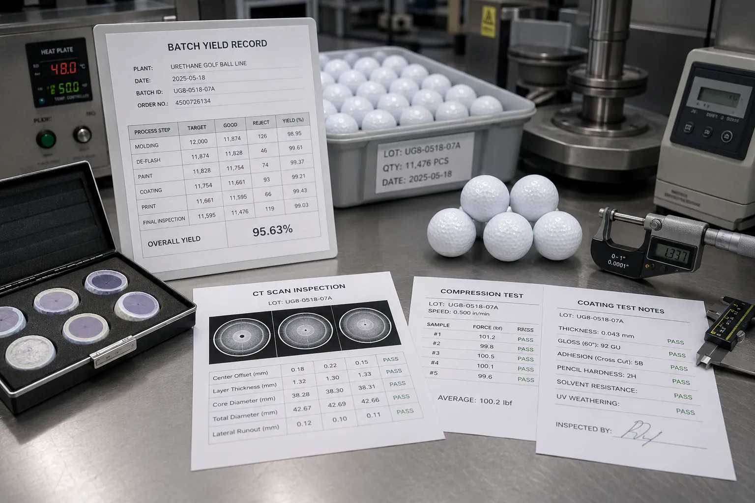 Golf Balls Quality Control golf balls in factory lab with batch yield quality control records