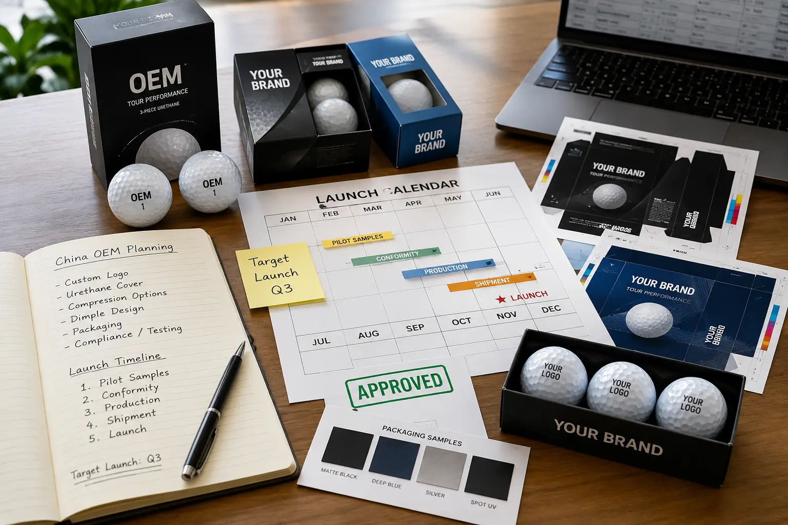 Custom OEM Golf Balls custom OEM golf balls with branded packaging on launch planning desk