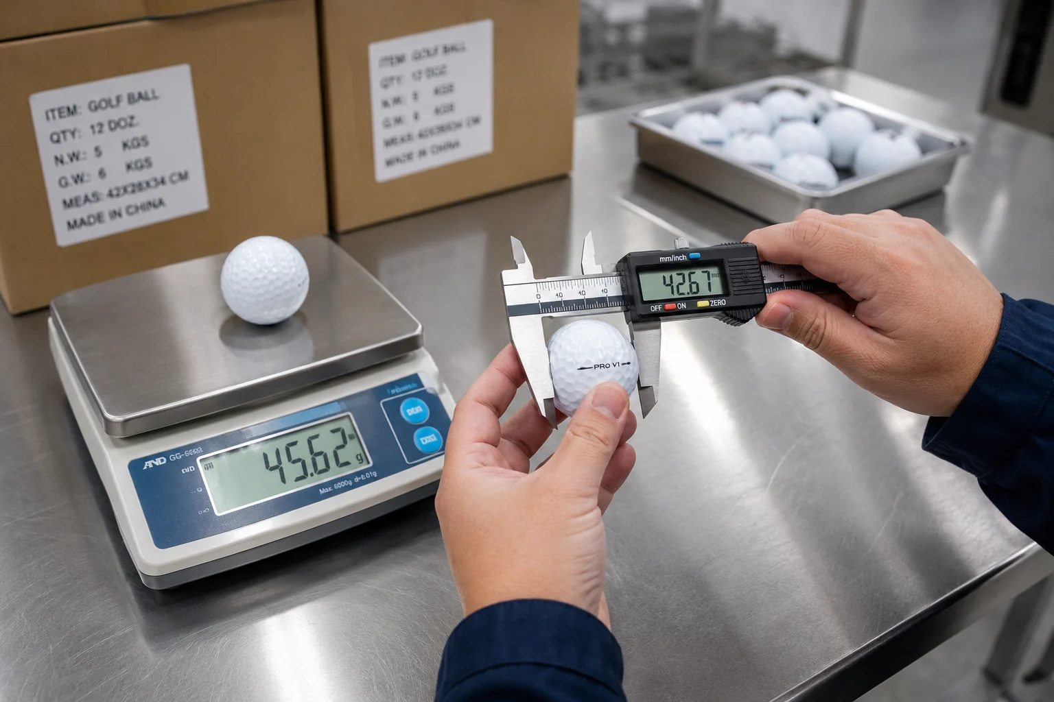 OEM Golf Ball Inspection OEM golf balls measured by caliper in factory quality control for export