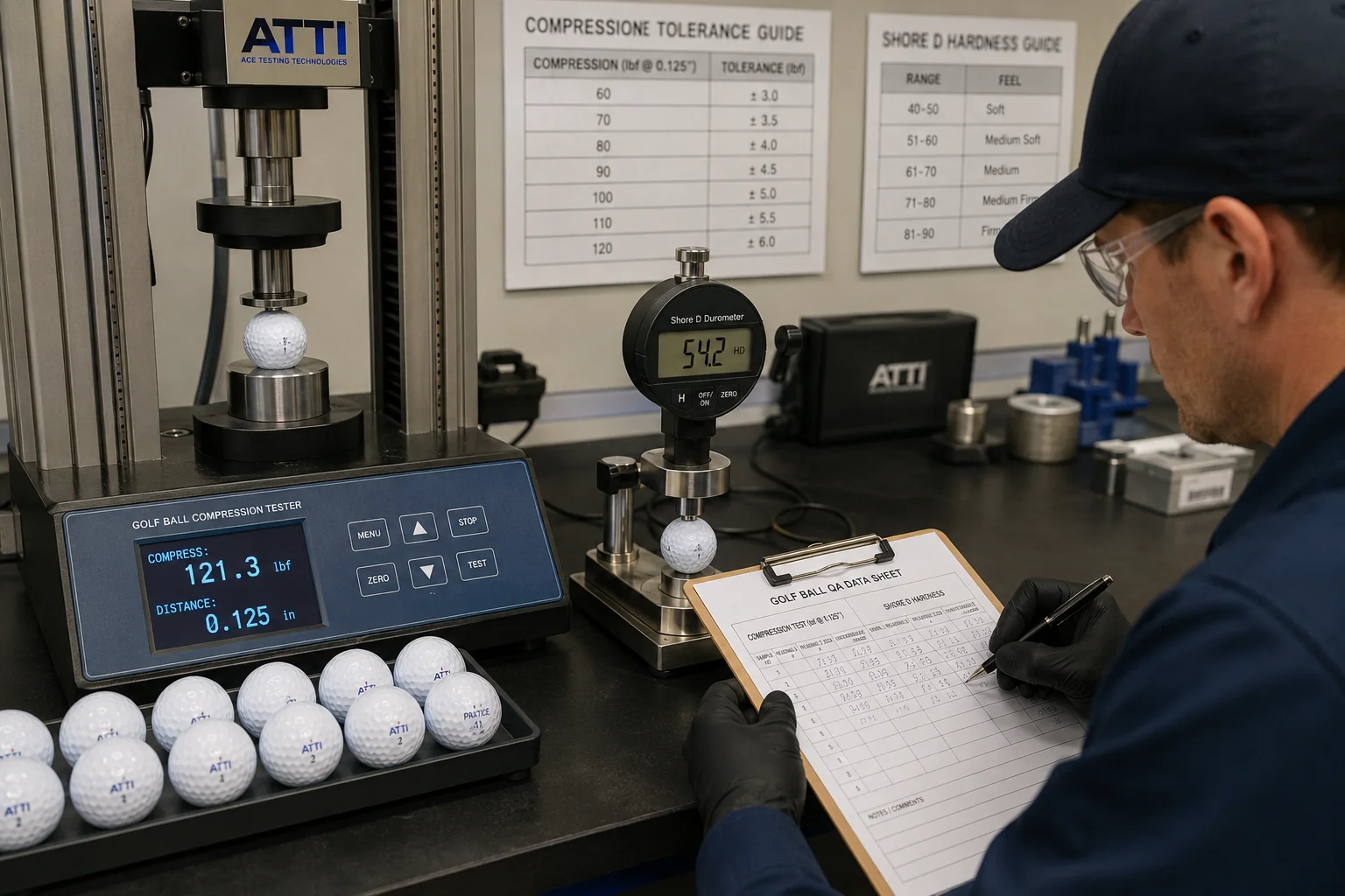 OEM Golf Ball Testing OEM golf balls compression and hardness tested in factory quality control lab