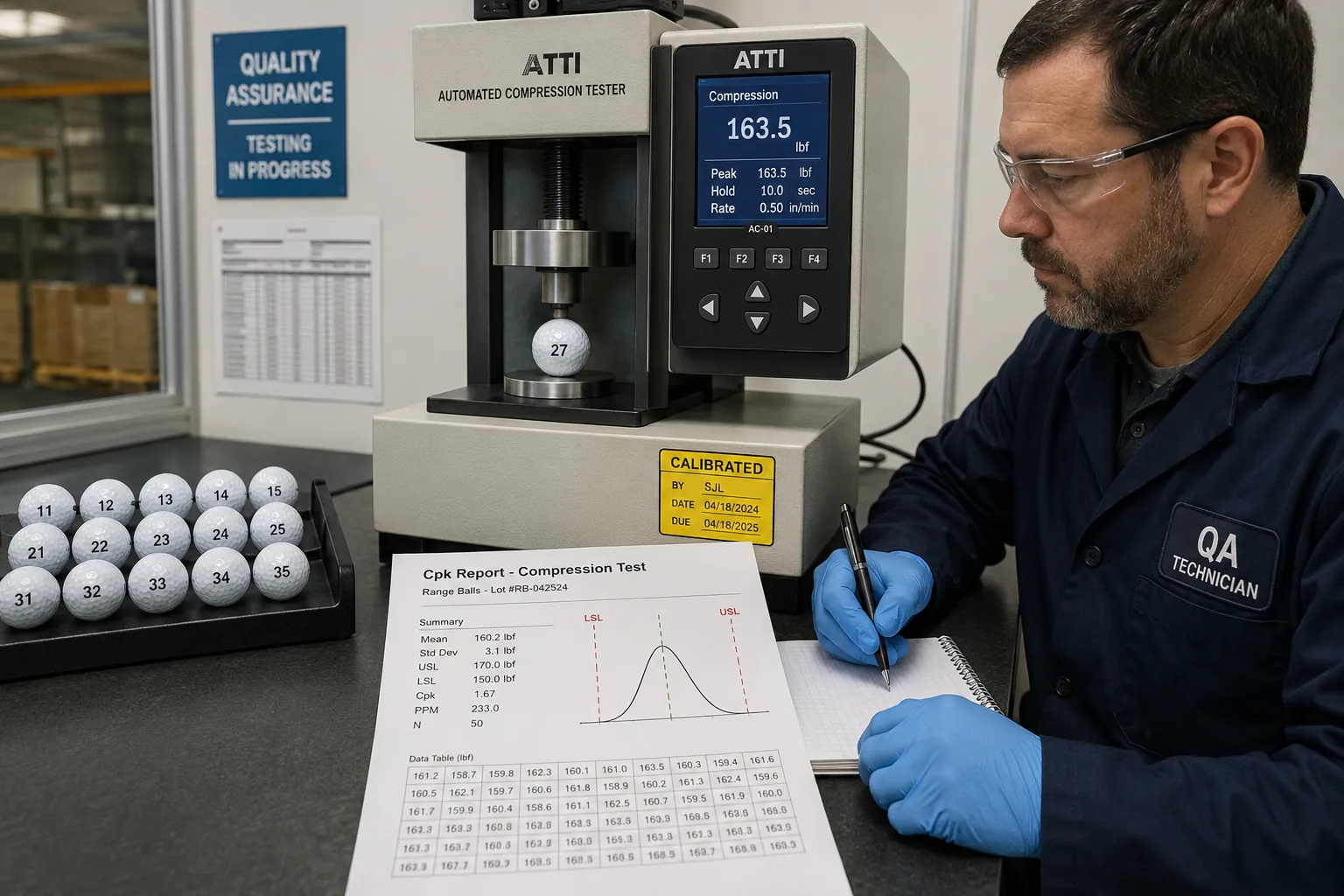 OEM Golf Ball Testing OEM golf balls compression tested by QA technician for quality control