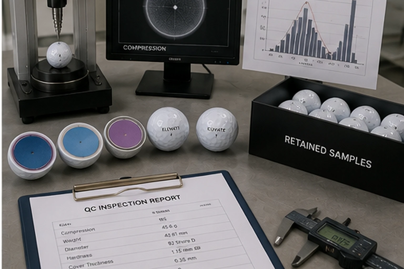 OEM Golf Balls Testing OEM golf balls compression testing with retained samples for quality control