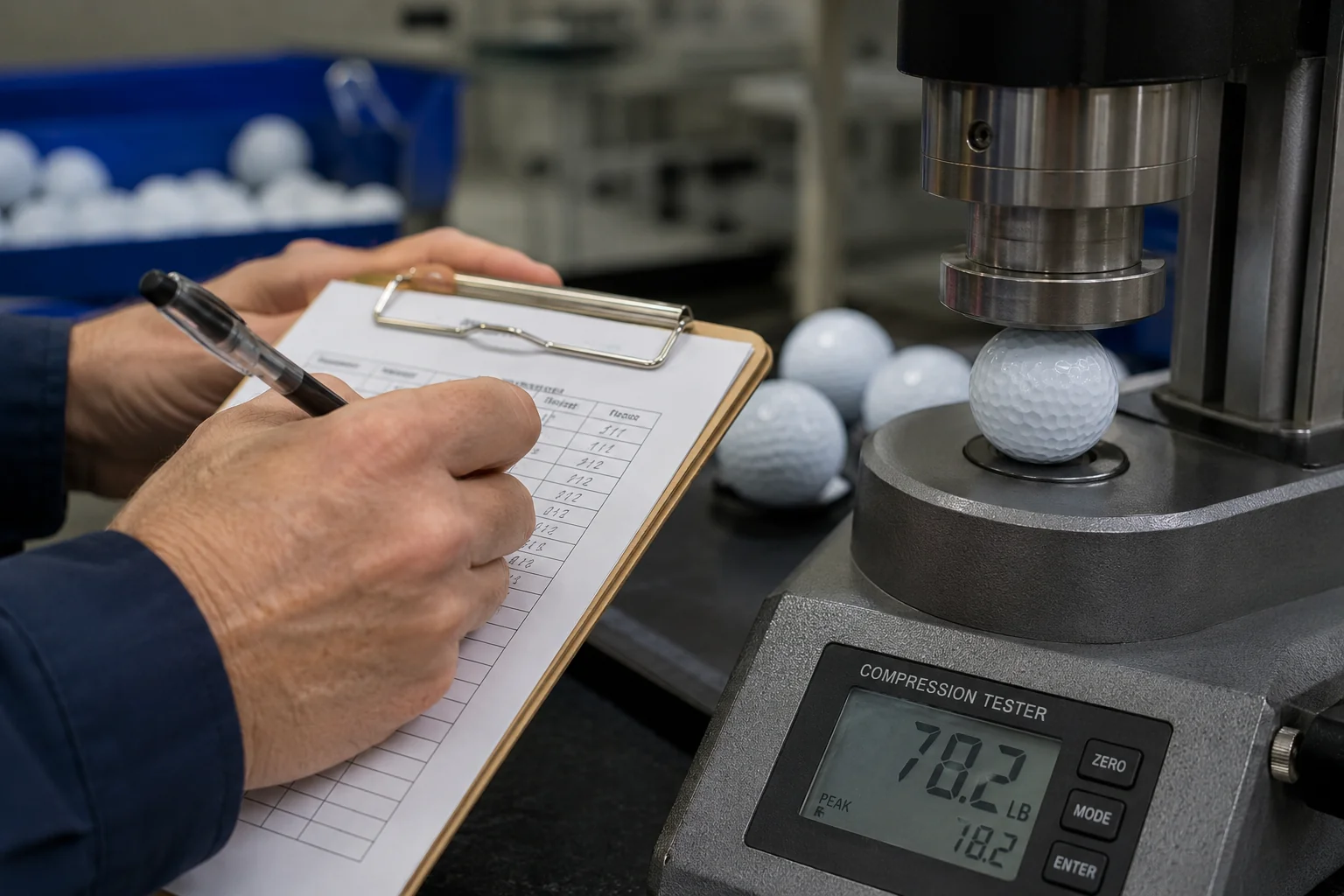 OEM Golf Ball Testing OEM golf balls under factory compression testing for quality control buyers
