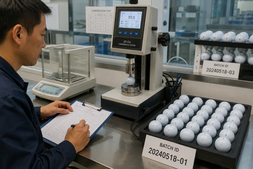 OEM golf balls in factory compression testing for batch quality control