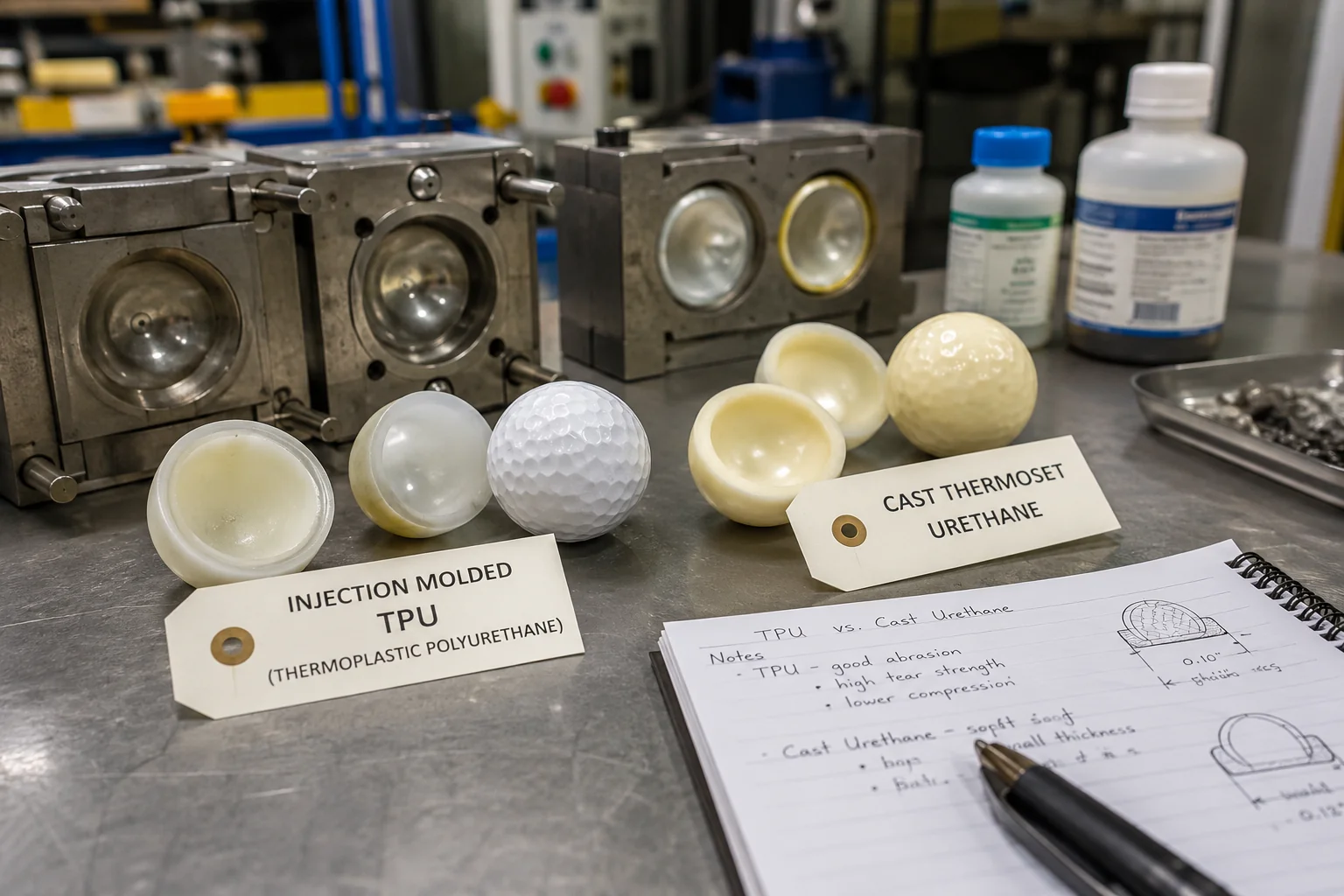 OEM Golf Ball Covers OEM golf balls with TPU and cast urethane cover samples in factory lab