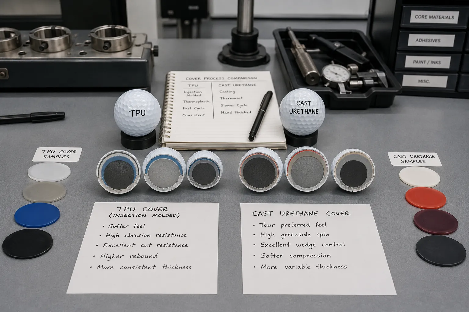 OEM Golf Ball Covers OEM golf balls with TPU and cast urethane cover samples for manufacturer selection
