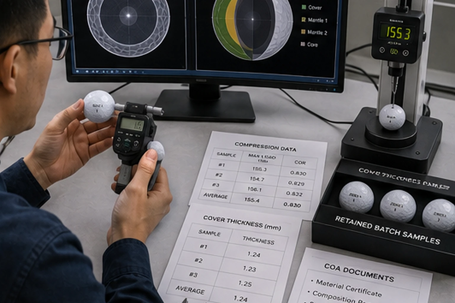 OEM Golf Balls Testing OEM golf balls cover thickness quality control with retained samples