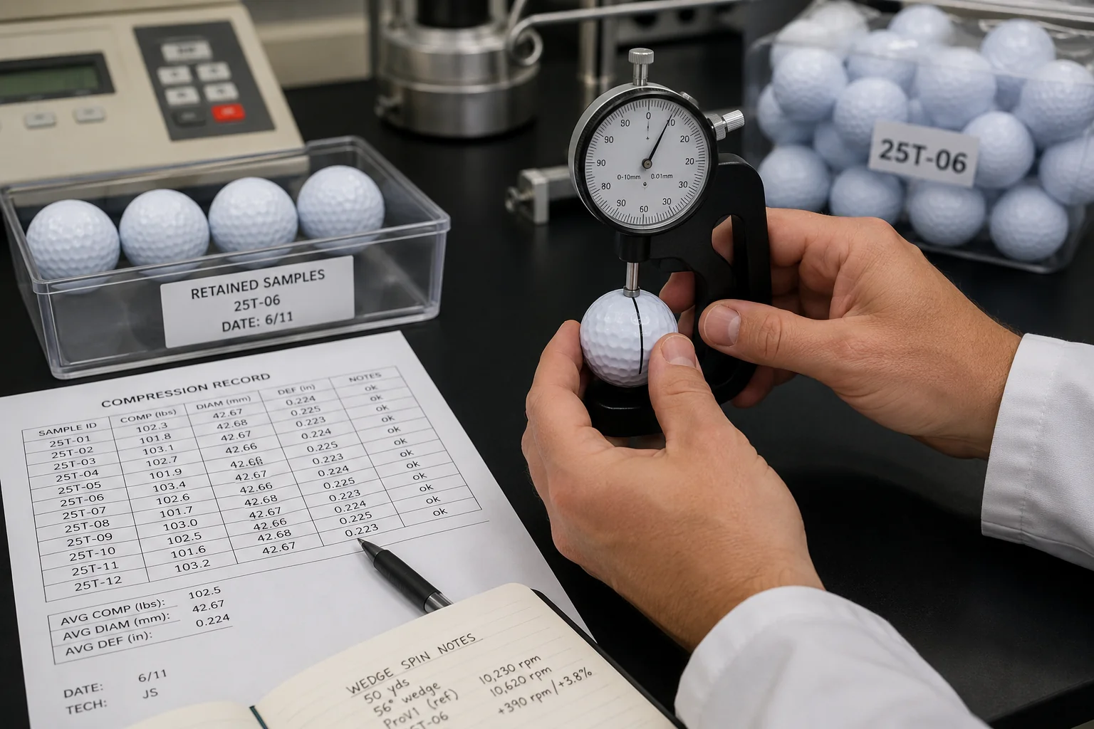 OEM Golf Balls Quality Control OEM golf balls measured with dial gauge in quality control lab