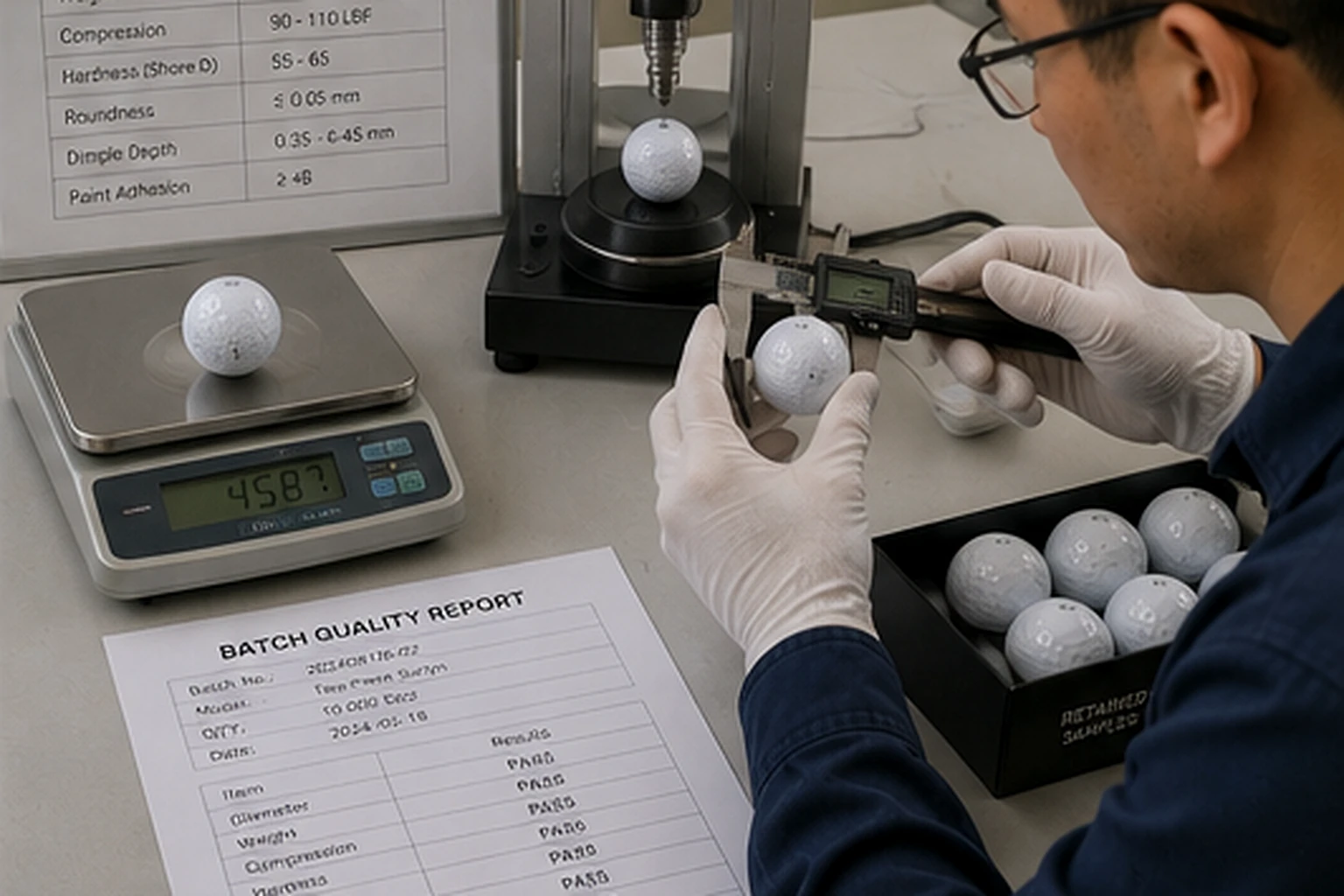 OEM Golf Balls Testing OEM golf balls diameter testing in factory quality control lab