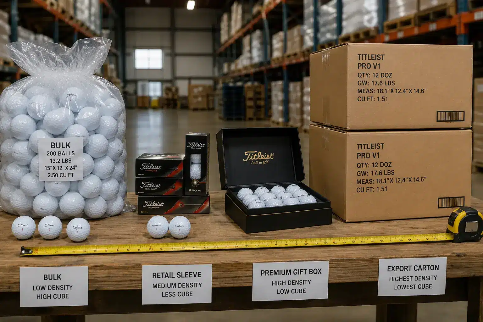golf balls export packaging bulk golf balls and export cartons compared in warehouse for wholesale packaging
