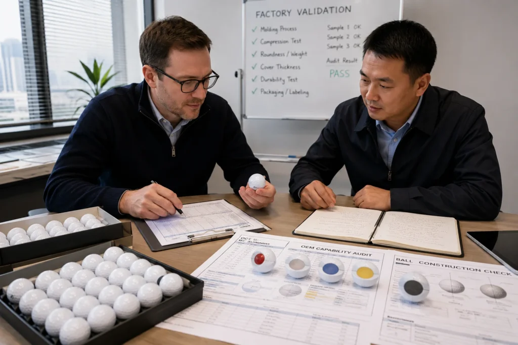 OEM golf balls reviewed in factory validation meeting with quality control documents