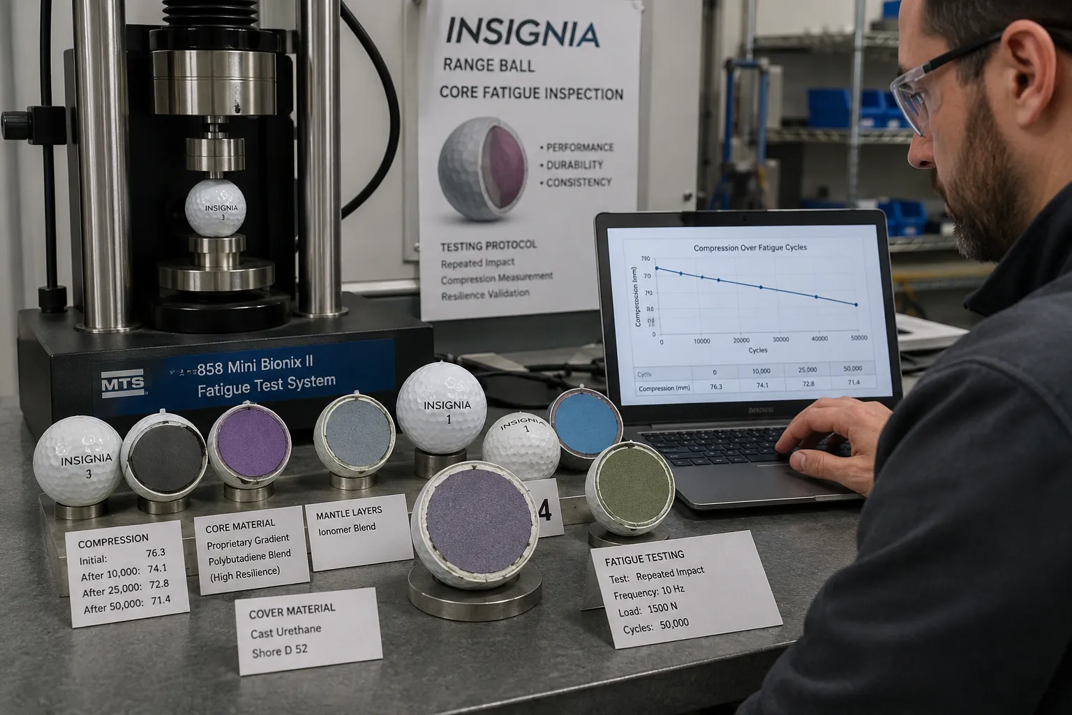OEM Golf Ball Testing OEM golf balls in fatigue testing lab for manufacturer quality control