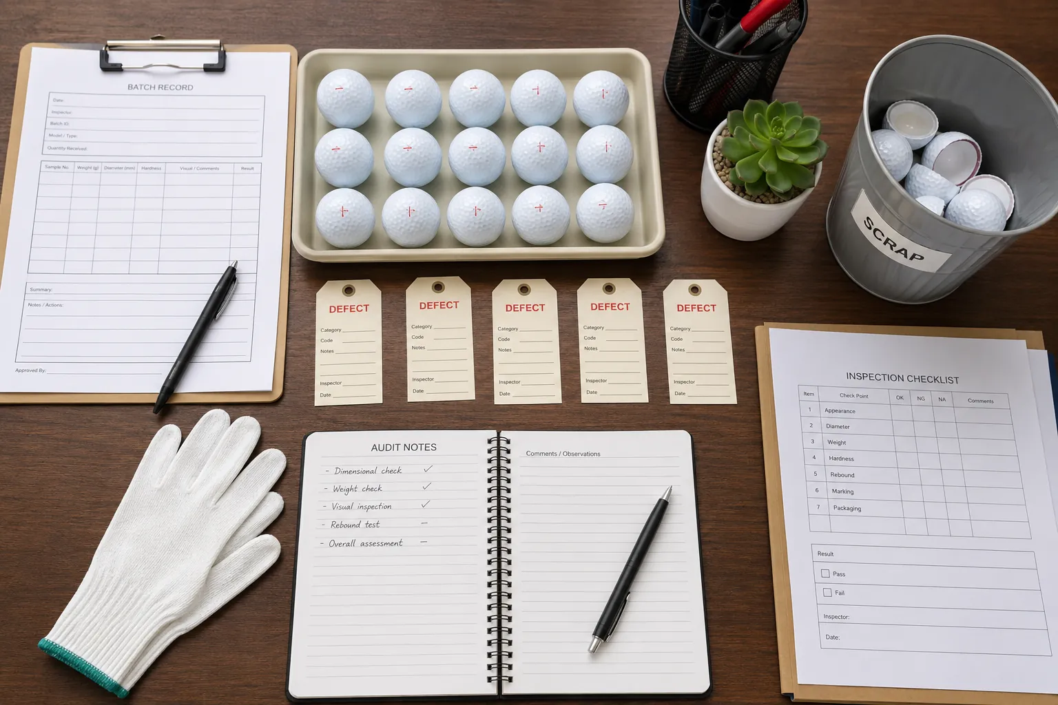 Golf Balls Quality Control golf balls on inspection table with defect tags for factory quality control