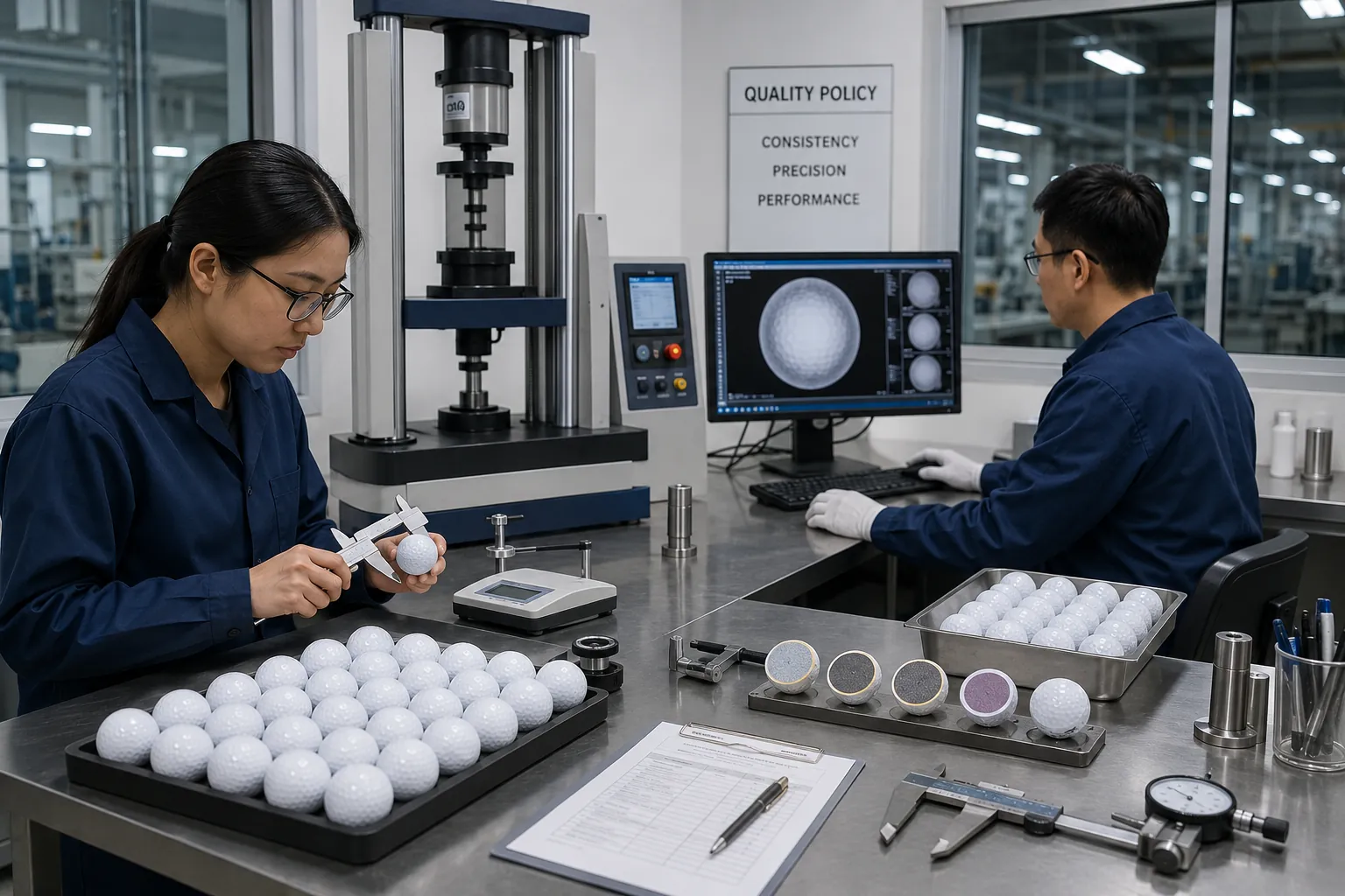 OEM Golf Balls Quality Control OEM golf balls inspected in factory lab with quality control equipment