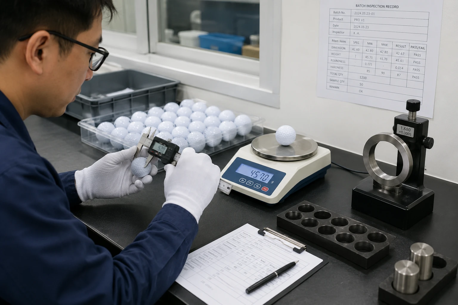 OEM Golf Balls Inspection OEM golf balls measured in factory lab for quality control