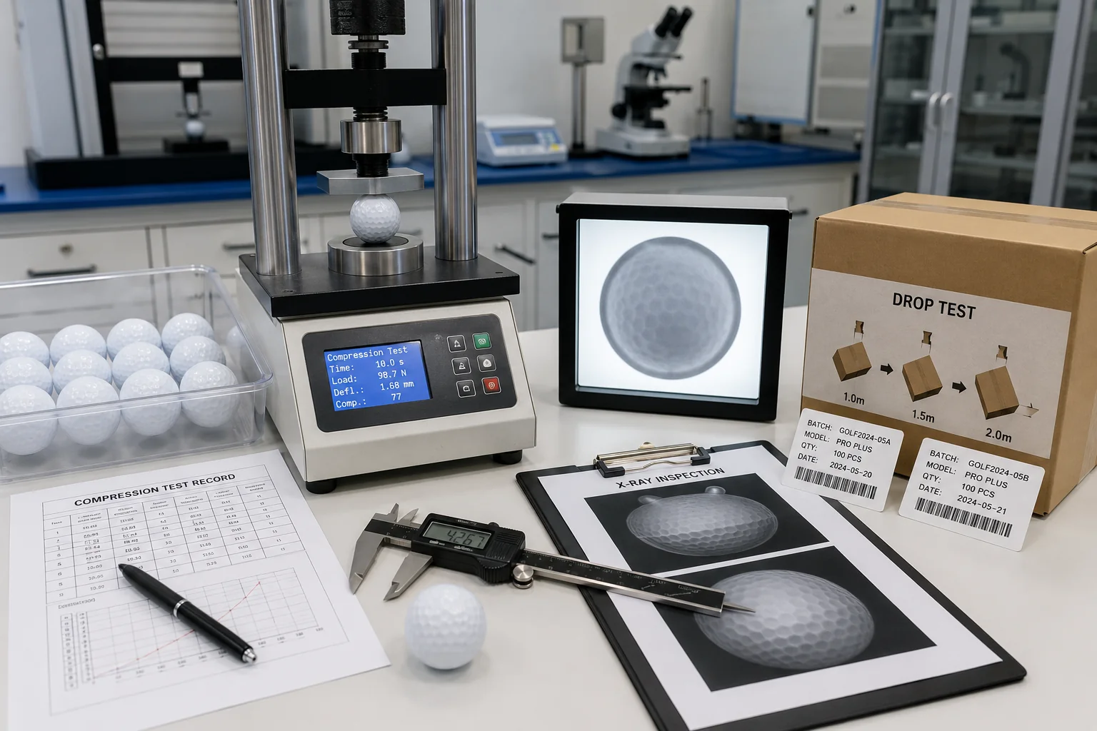 OEM Golf Balls Testing OEM golf balls tested in factory lab with compression and drop quality control