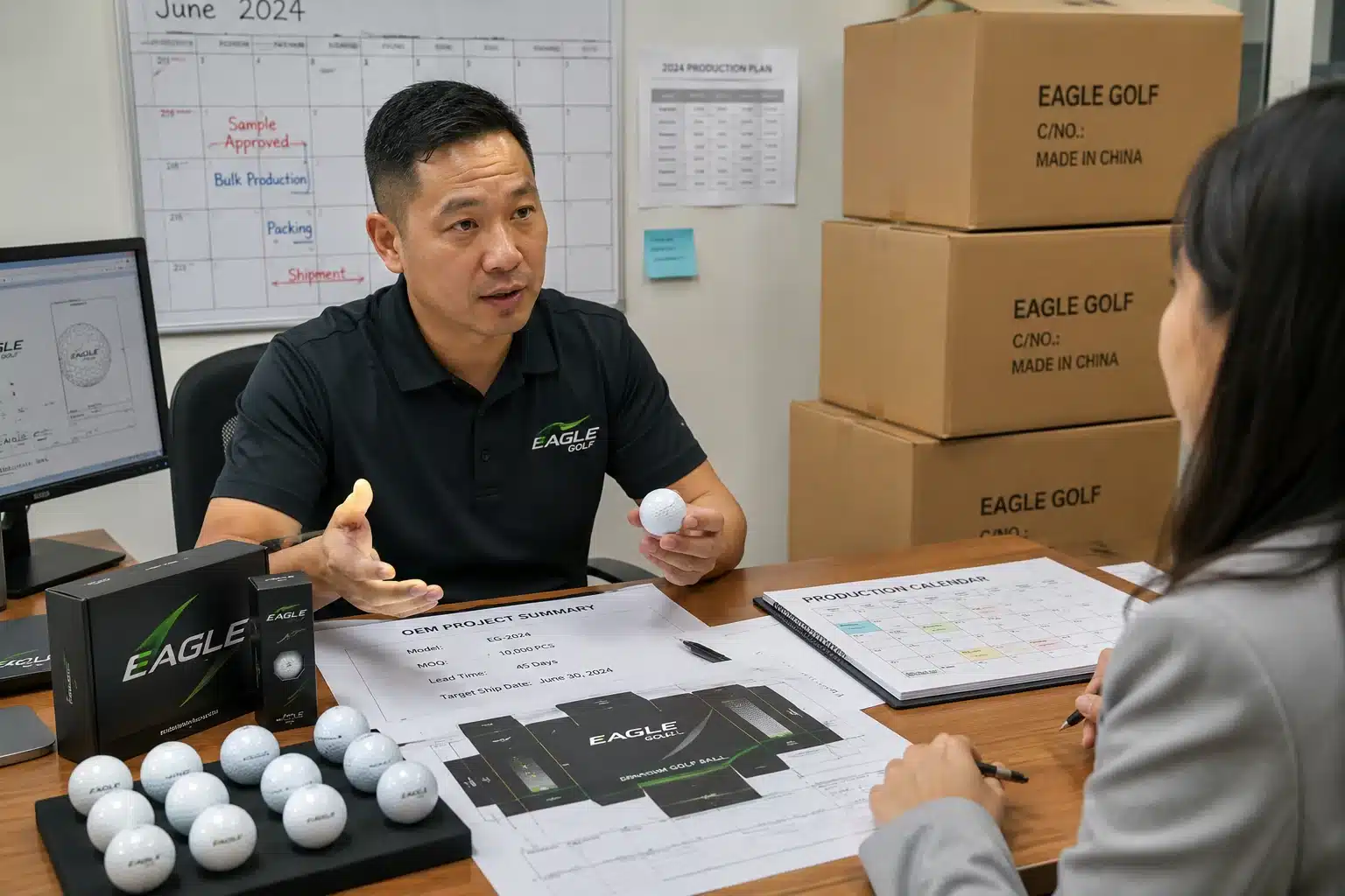 OEM branded golf balls OEM branded golf balls in project meeting for bulk production planning