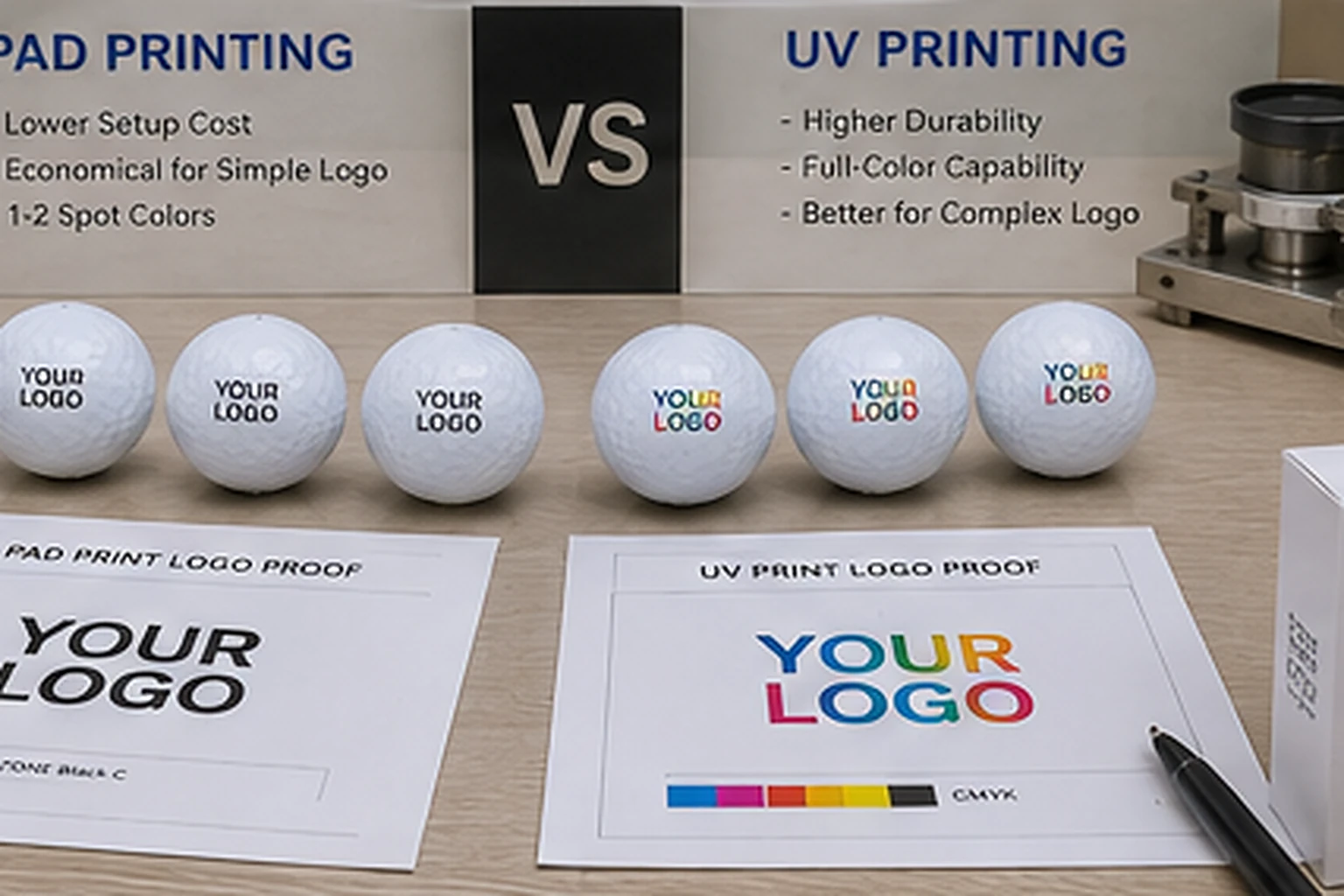 Custom Golf Ball Printing custom printed golf balls comparing pad and UV logo proofs for OEM