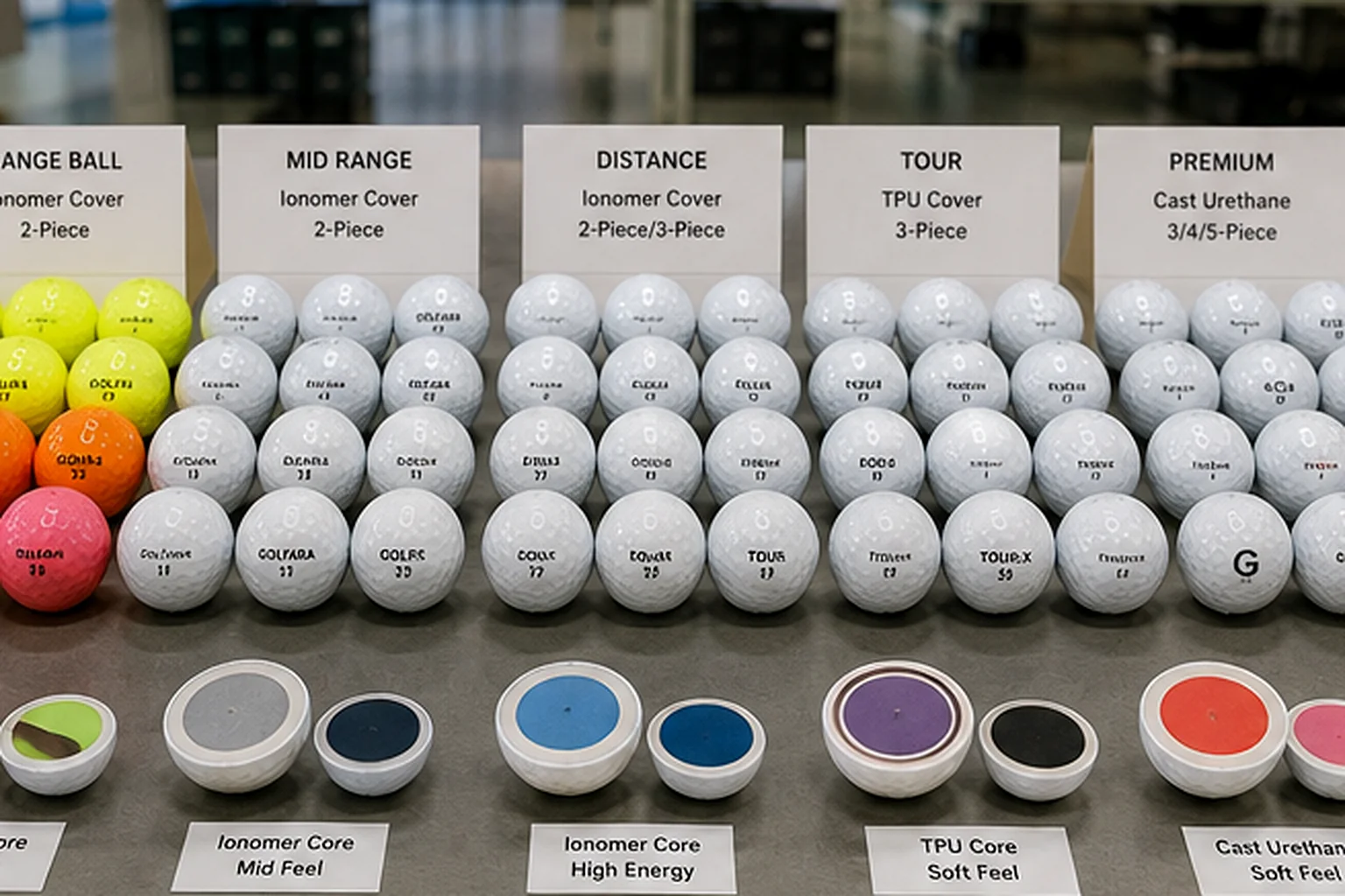 OEM Golf Balls Range OEM golf balls product range display with material samples for wholesale buyers