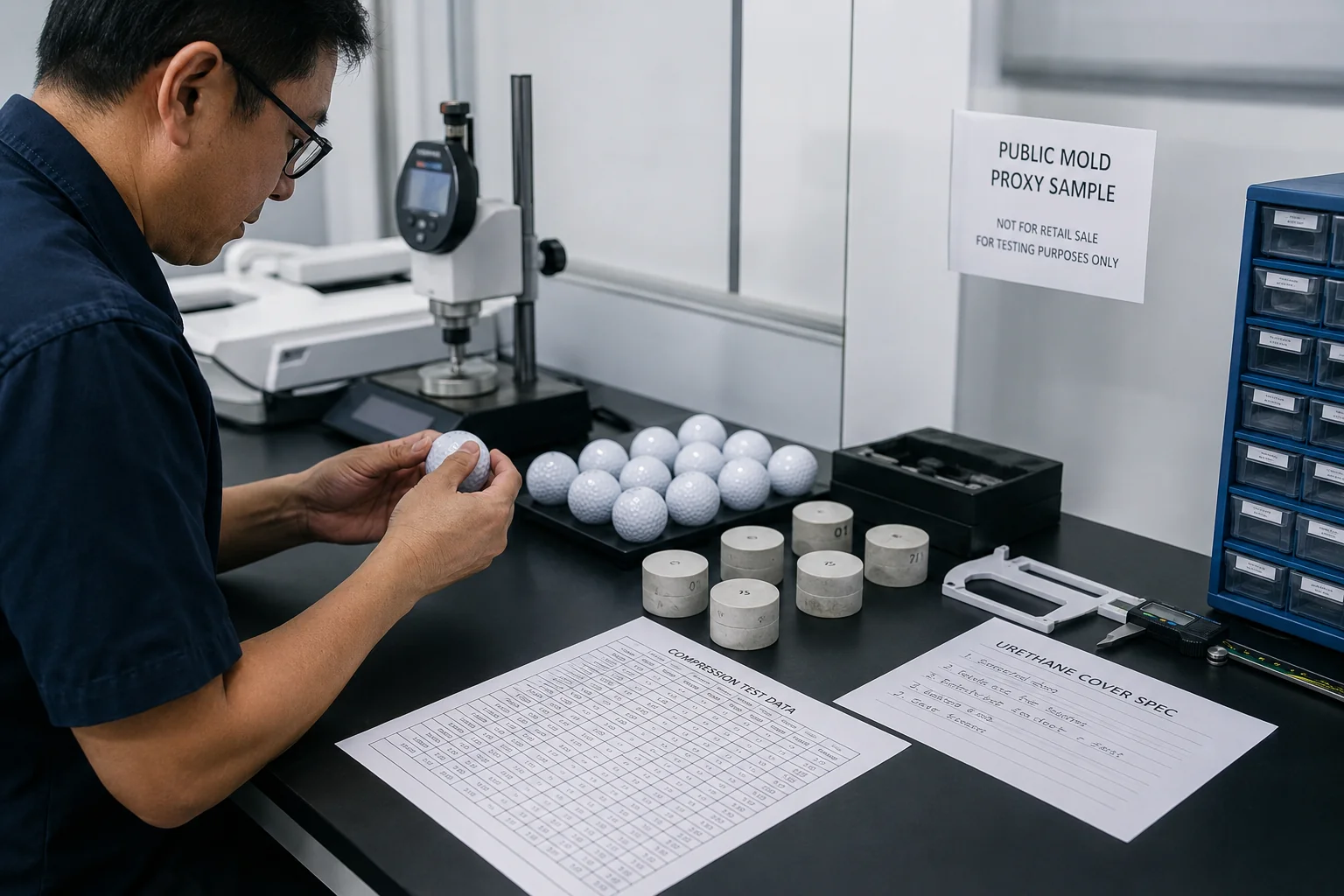 Golf Balls Quality Control golf balls inspected in factory lab with public mold quality control